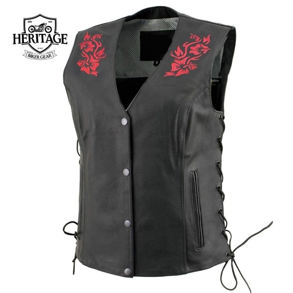 Heritage Women's Gemma Black And Red Leather Vest With Side Lace Adjustment