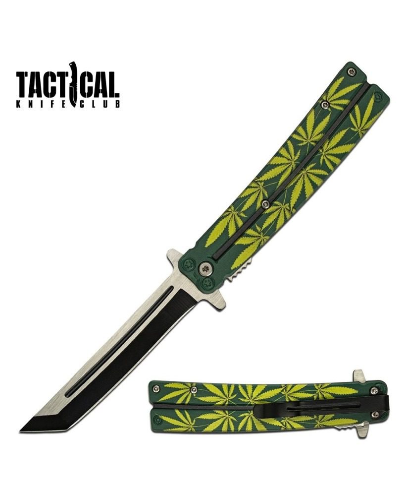 Spring Assisted Tanto Blade Knife with Cannabis Leaf Design – Durable & Reliable