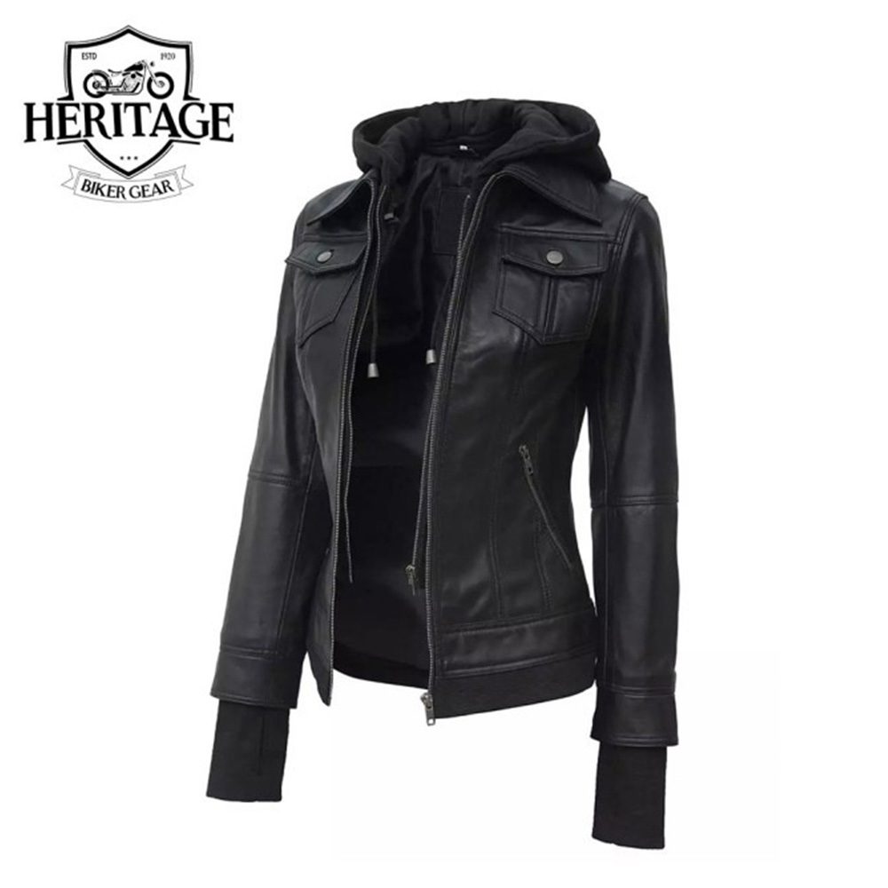 Womens Black Bomber Leather Jacket with Removable Hood