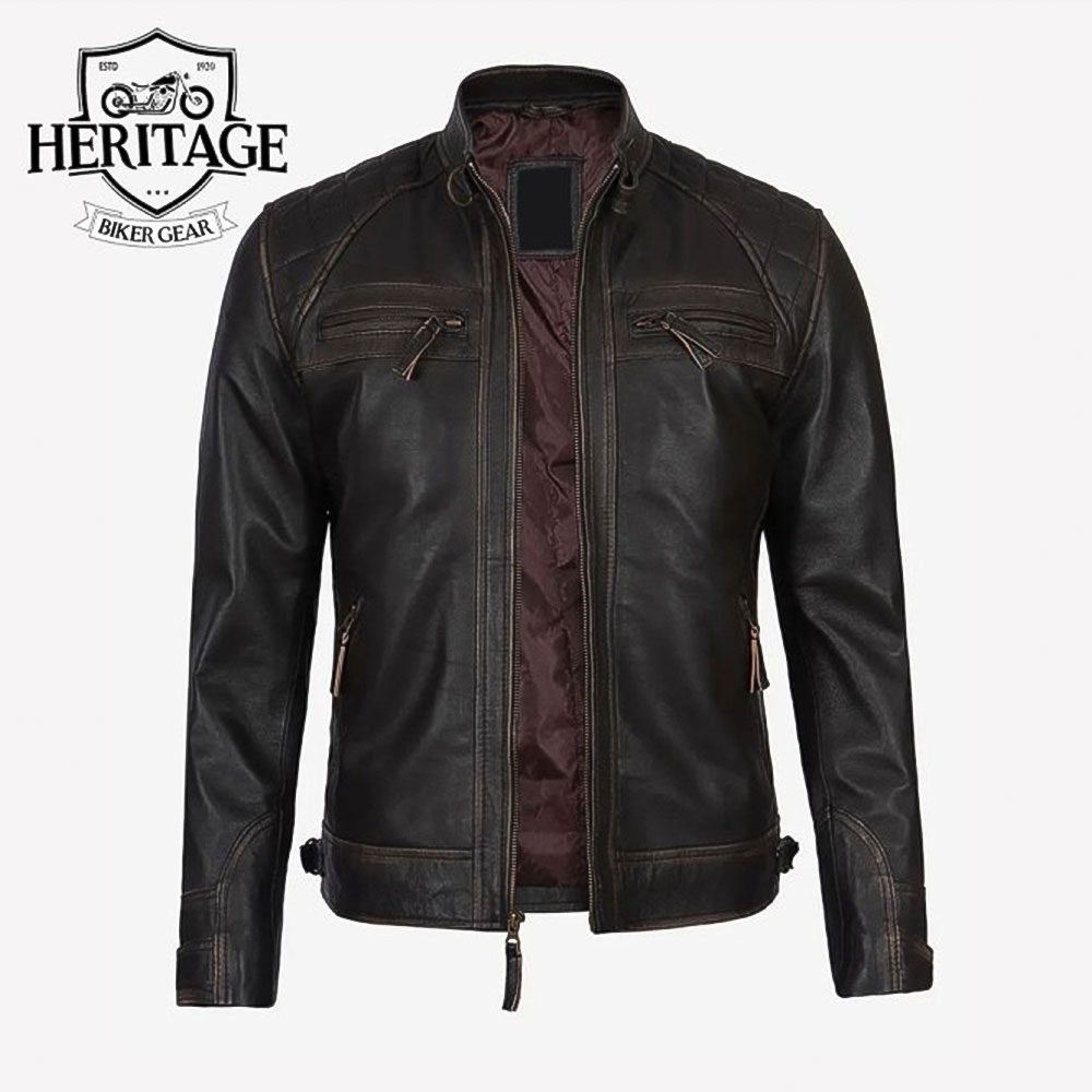 Men's Brown Cafe Racer Jacket With Quilted Shoulders