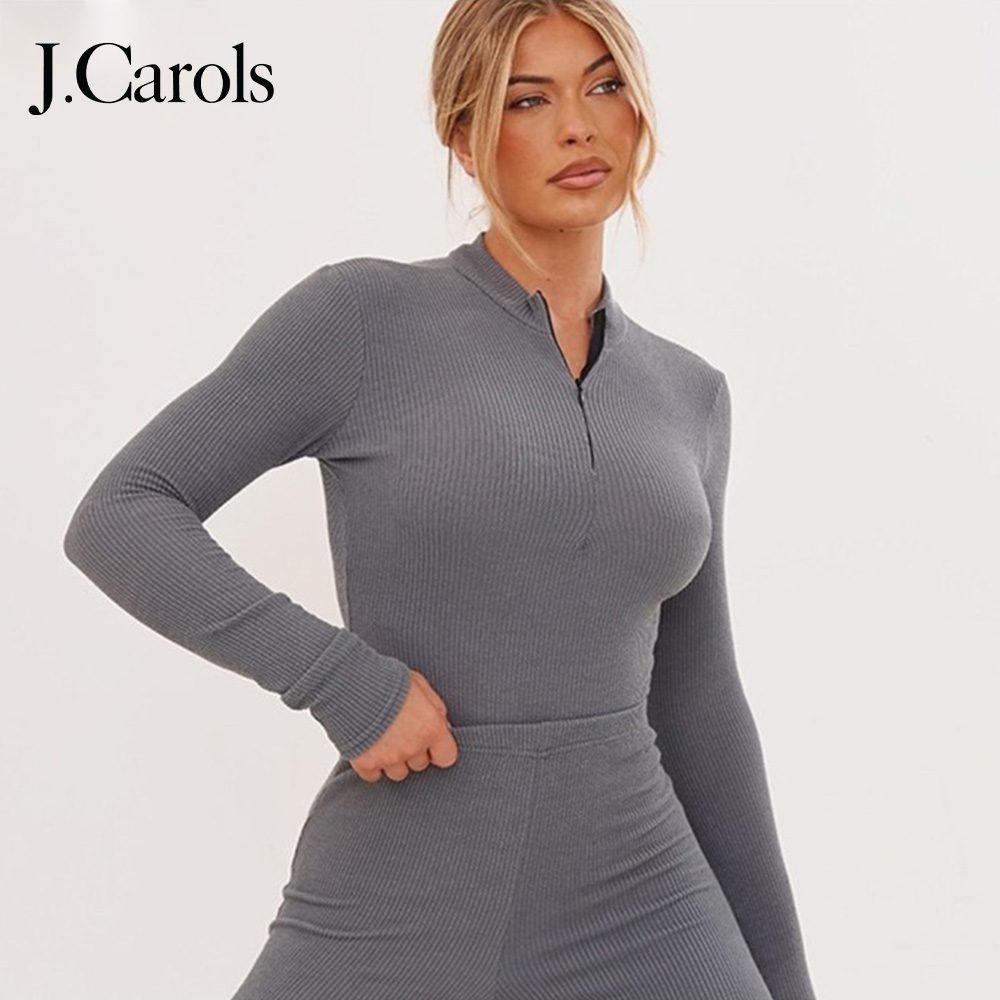 J.Carols® Charcoal Rib Half Zip Bodysuit