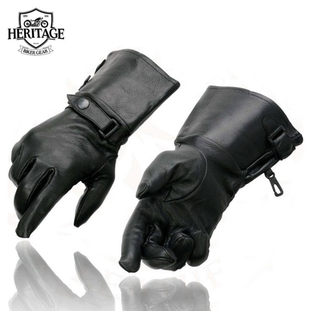 Heritage Men’s Black Leather Gauntlet Motorcycle Hand Gloves