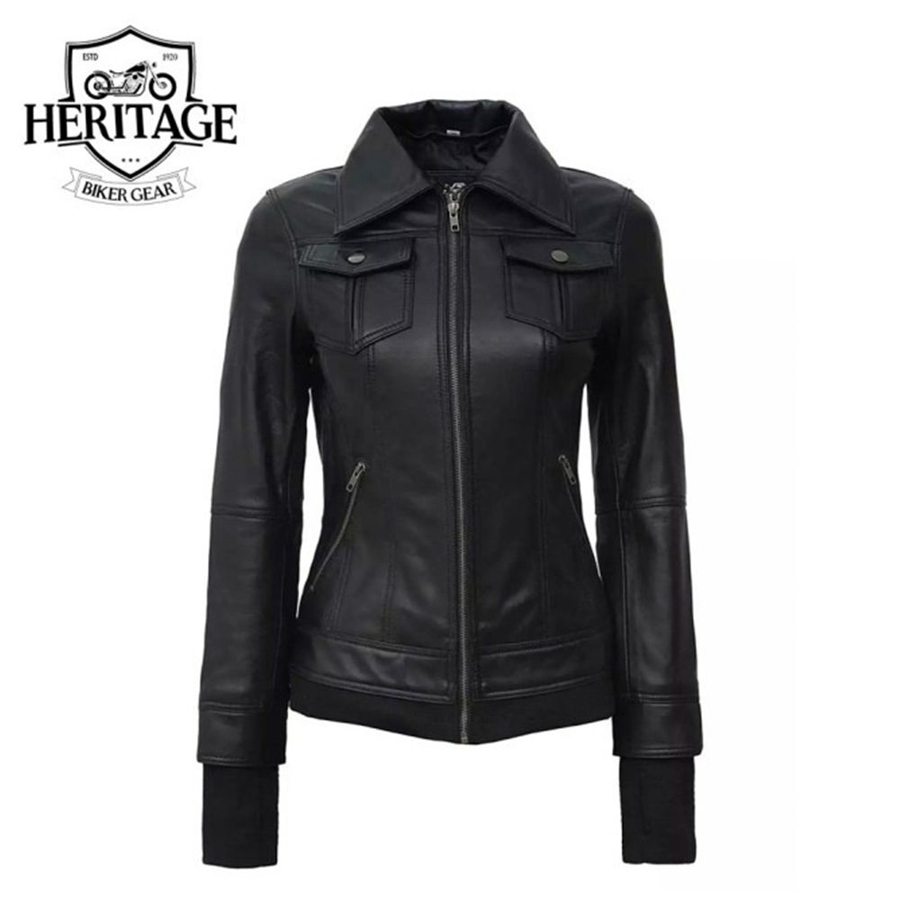 Womens Black Bomber Leather Jacket with Removable Hood