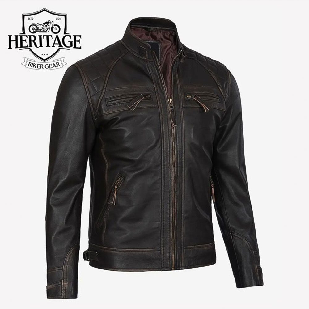 Men's Brown Cafe Racer Jacket With Quilted Shoulders