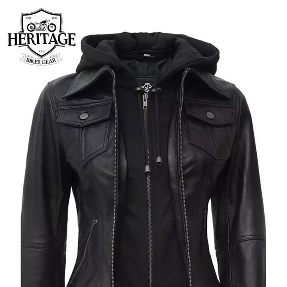 Womens Black Bomber Leather Jacket with Removable Hood