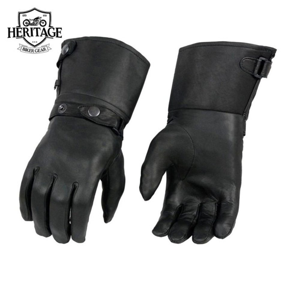 Heritage Men’s Black Leather Gauntlet Motorcycle Hand Gloves