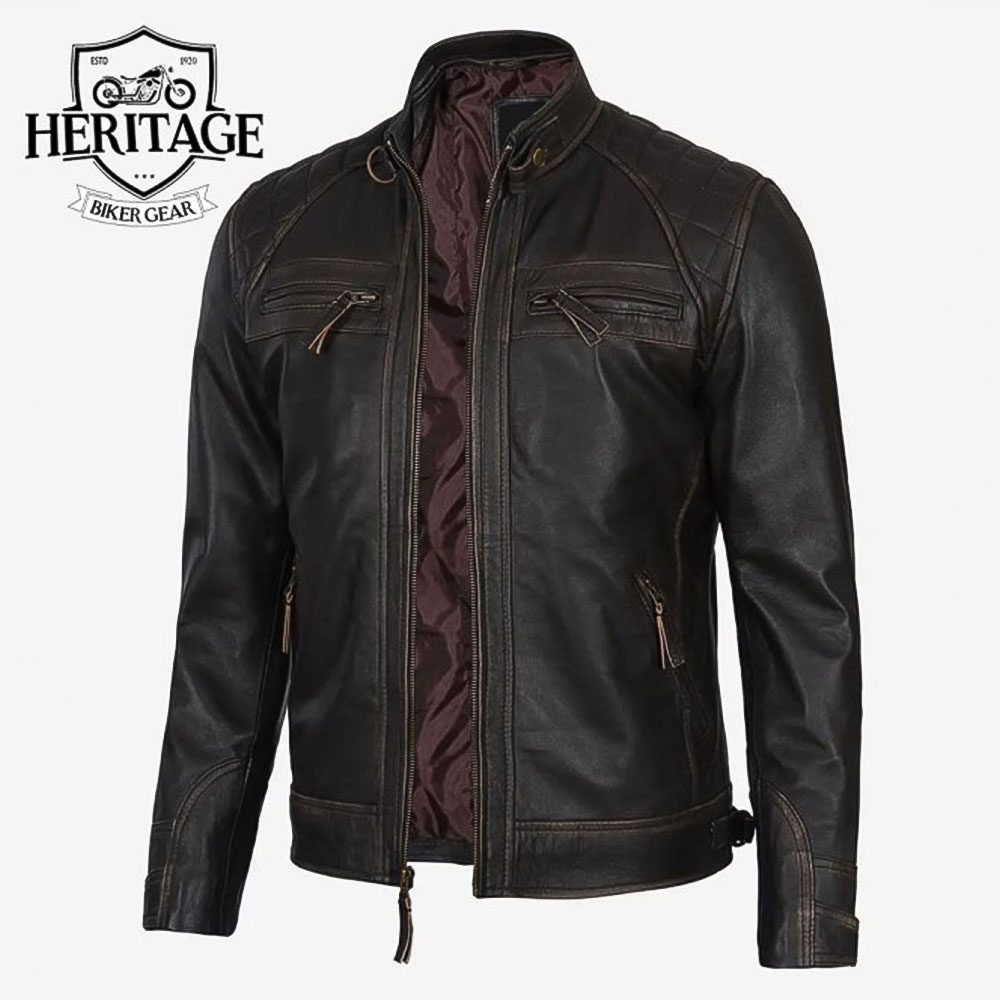 Men's Brown Cafe Racer Jacket With Quilted Shoulders