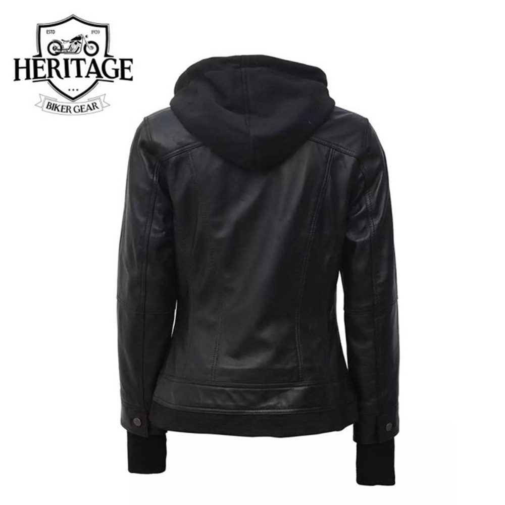 Womens Black Bomber Leather Jacket with Removable Hood