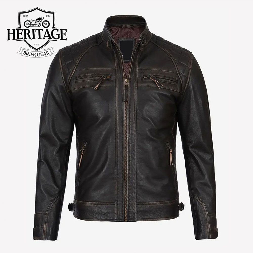 Men's Brown Cafe Racer Jacket With Quilted Shoulders