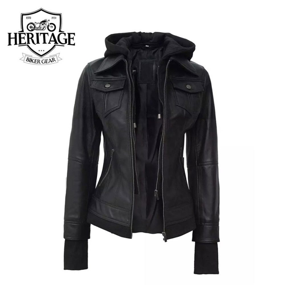 Womens Black Bomber Leather Jacket with Removable Hood