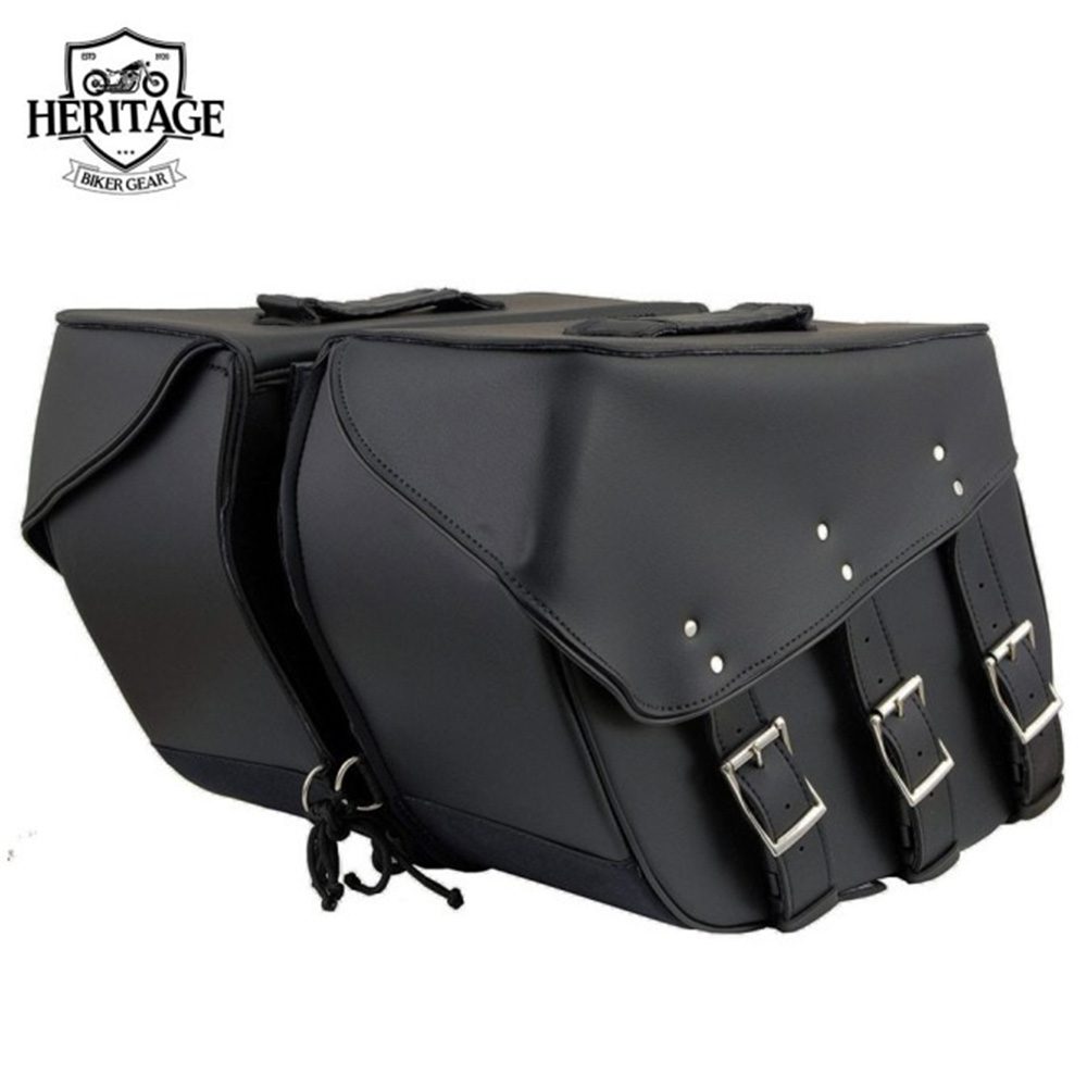 Black Leather 3 Strap Zip-Off Motorcycle Saddlebags