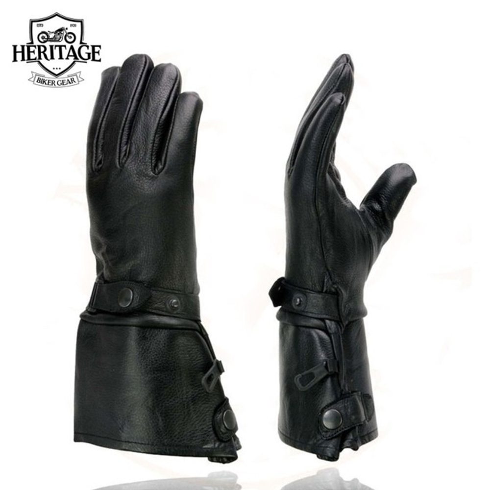 Heritage Men’s Black Leather Gauntlet Motorcycle Hand Gloves