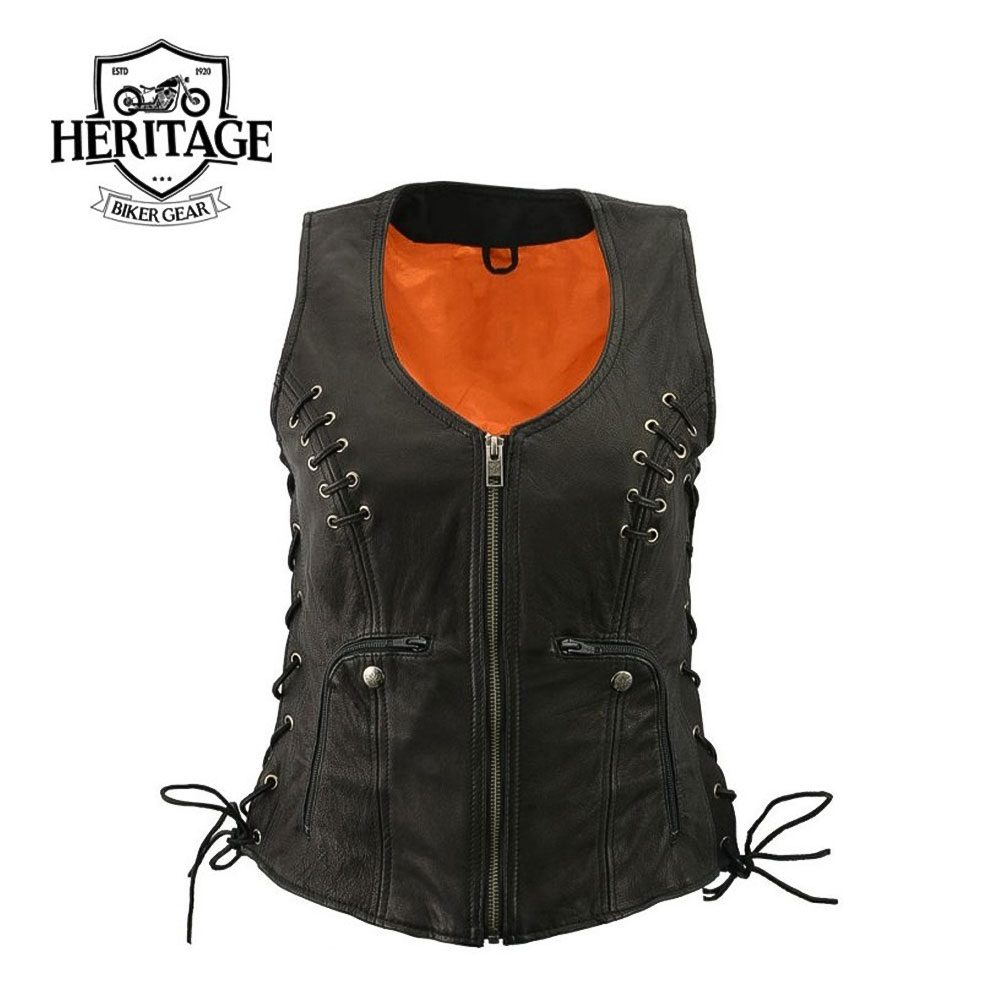 Heritage Leather Women's Black Leather Vest with Side Laces