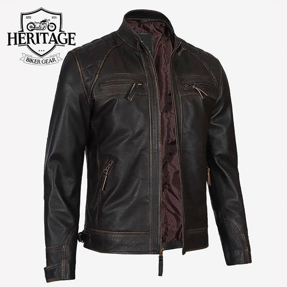 Men's Brown Cafe Racer Jacket With Quilted Shoulders