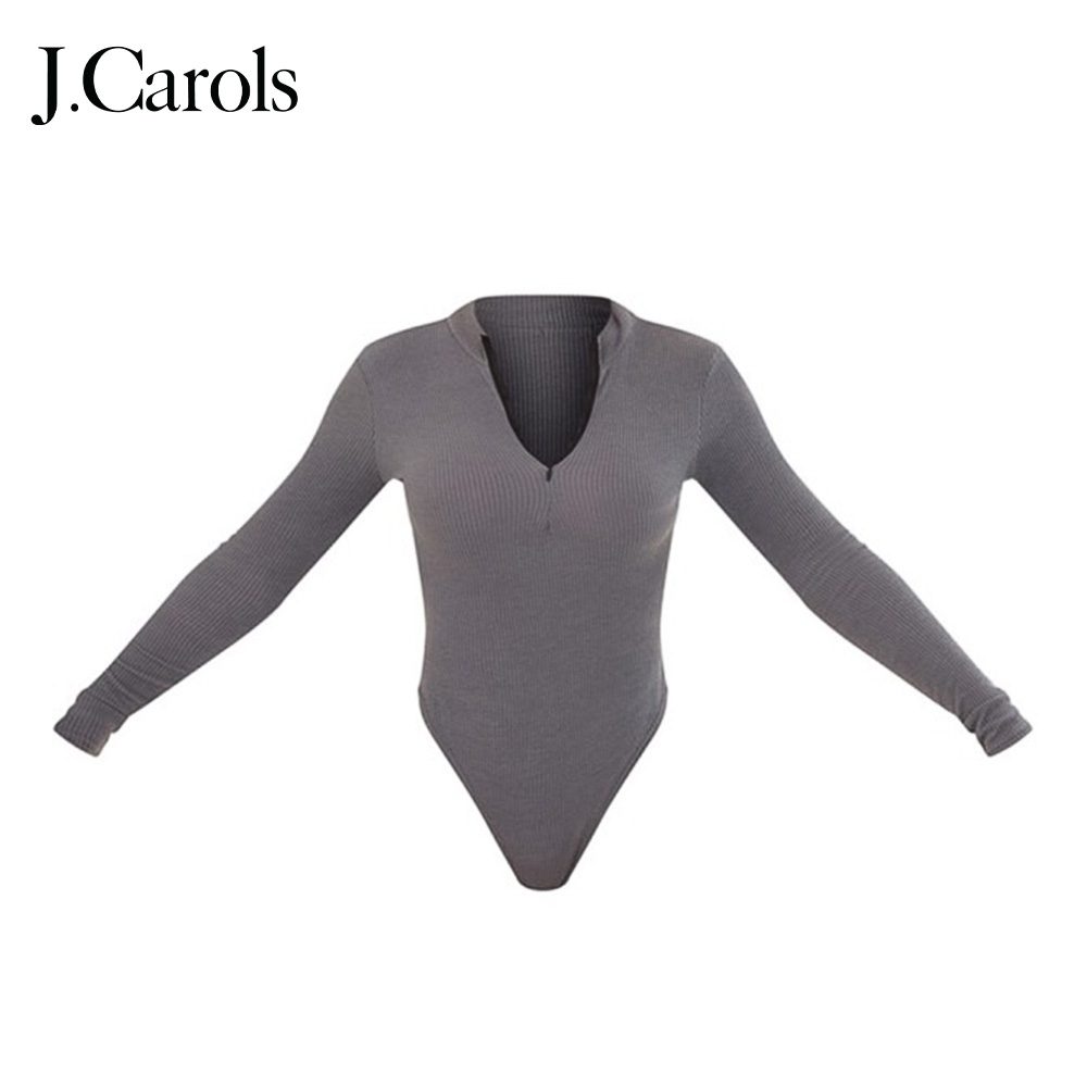 J.Carols® Charcoal Rib Half Zip Bodysuit