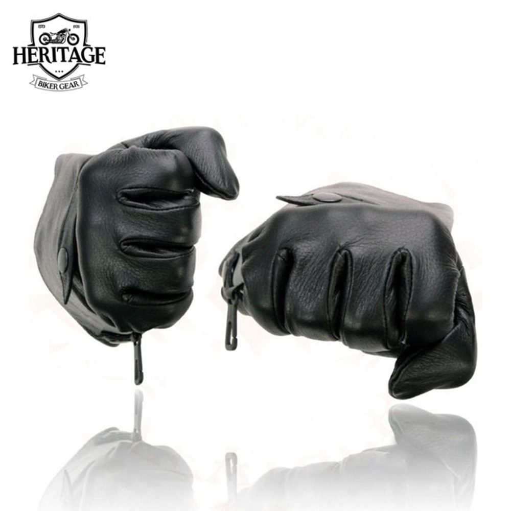 Heritage Men’s Black Leather Gauntlet Motorcycle Hand Gloves