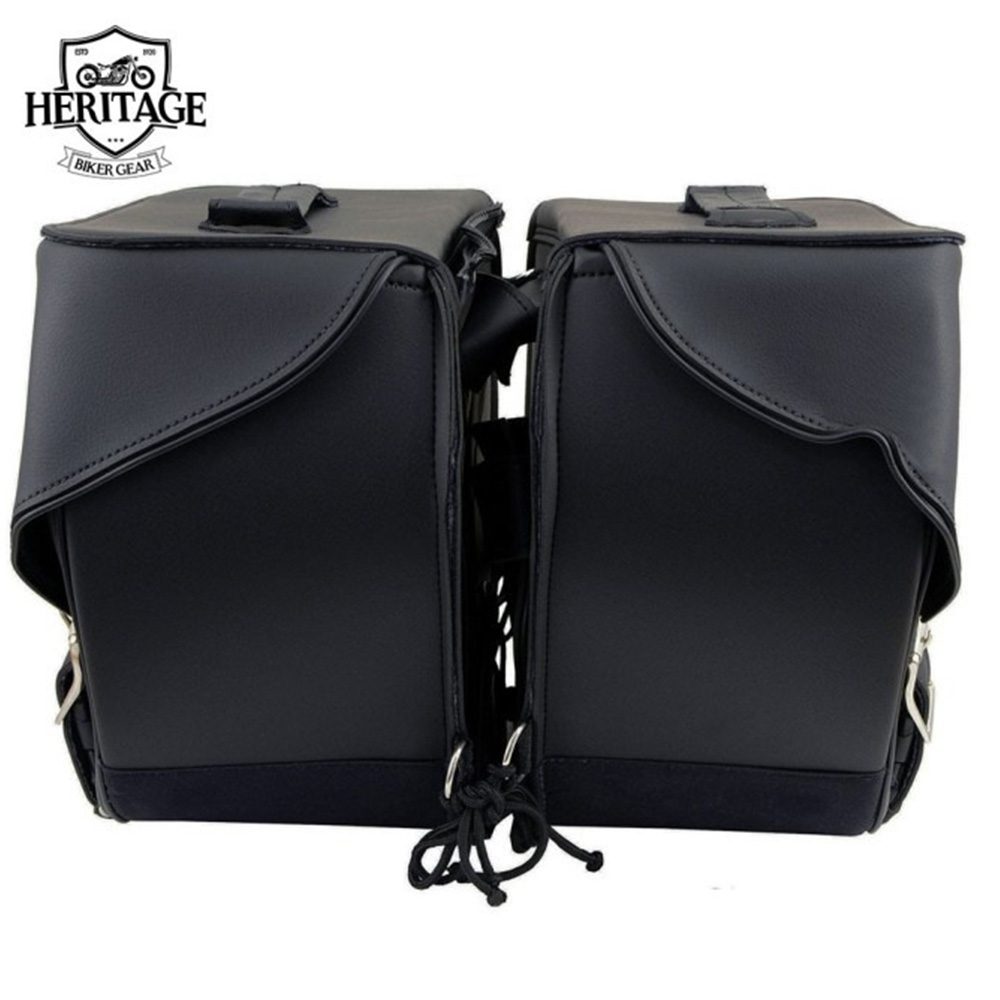 Black Leather 3 Strap Zip-Off Motorcycle Saddlebags