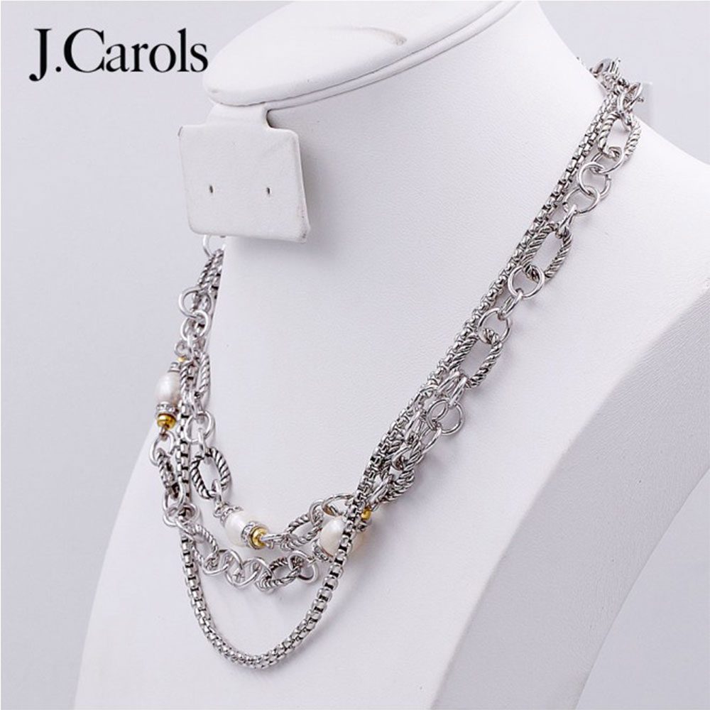 2-Tones Multi-lines Cubic Zirconia Necklaces