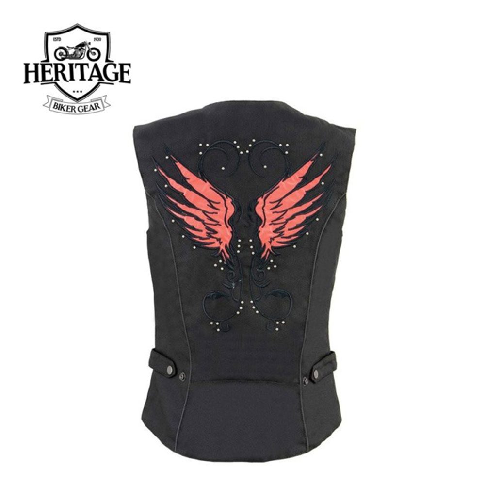 Heritage Leather Ladies Black and Red Textile Vest with Wing Embroidery