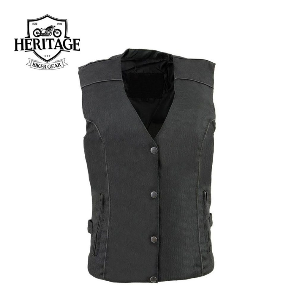 Heritage Leather Ladies Black and Red Textile Vest with Wing Embroidery