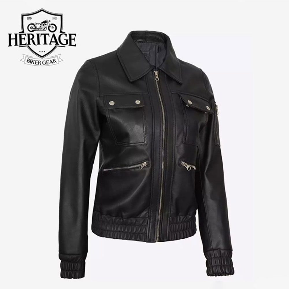 Womens Bomber Trucker Black Leather Jacket