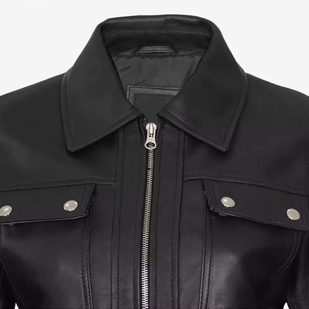 Womens Bomber Trucker Black Leather Jacket