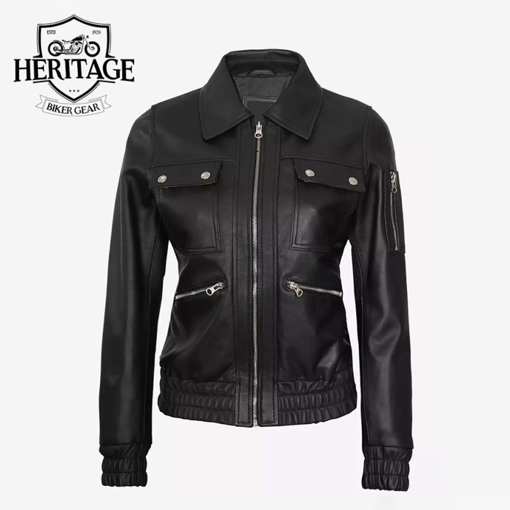 Womens Bomber Trucker Black Leather Jacket