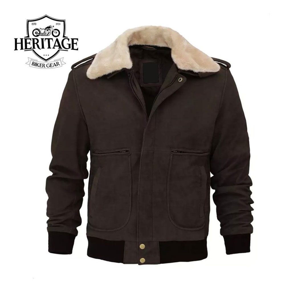 Pierson Dark Brown Leather Bomber Jacket - Removable Shearling Collar