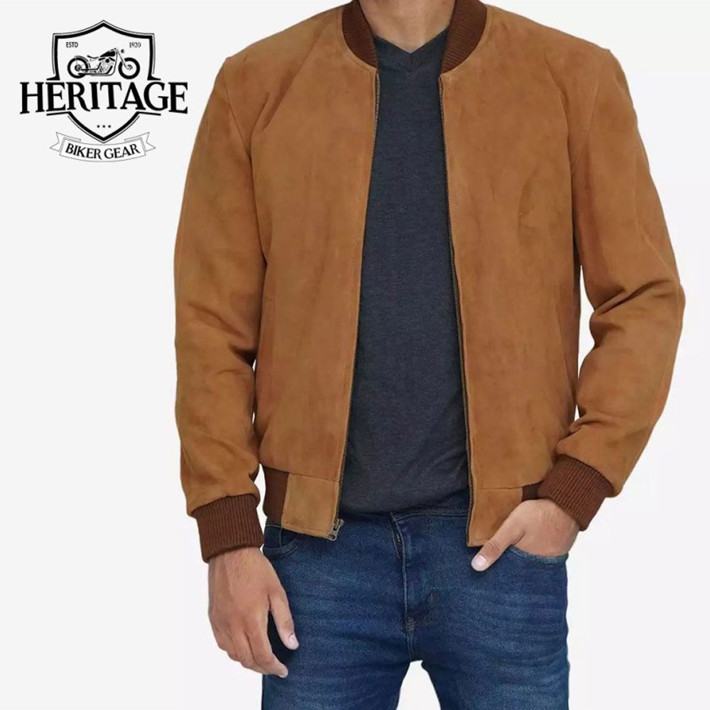 Men's Light Brown Suede Bomber Jacket