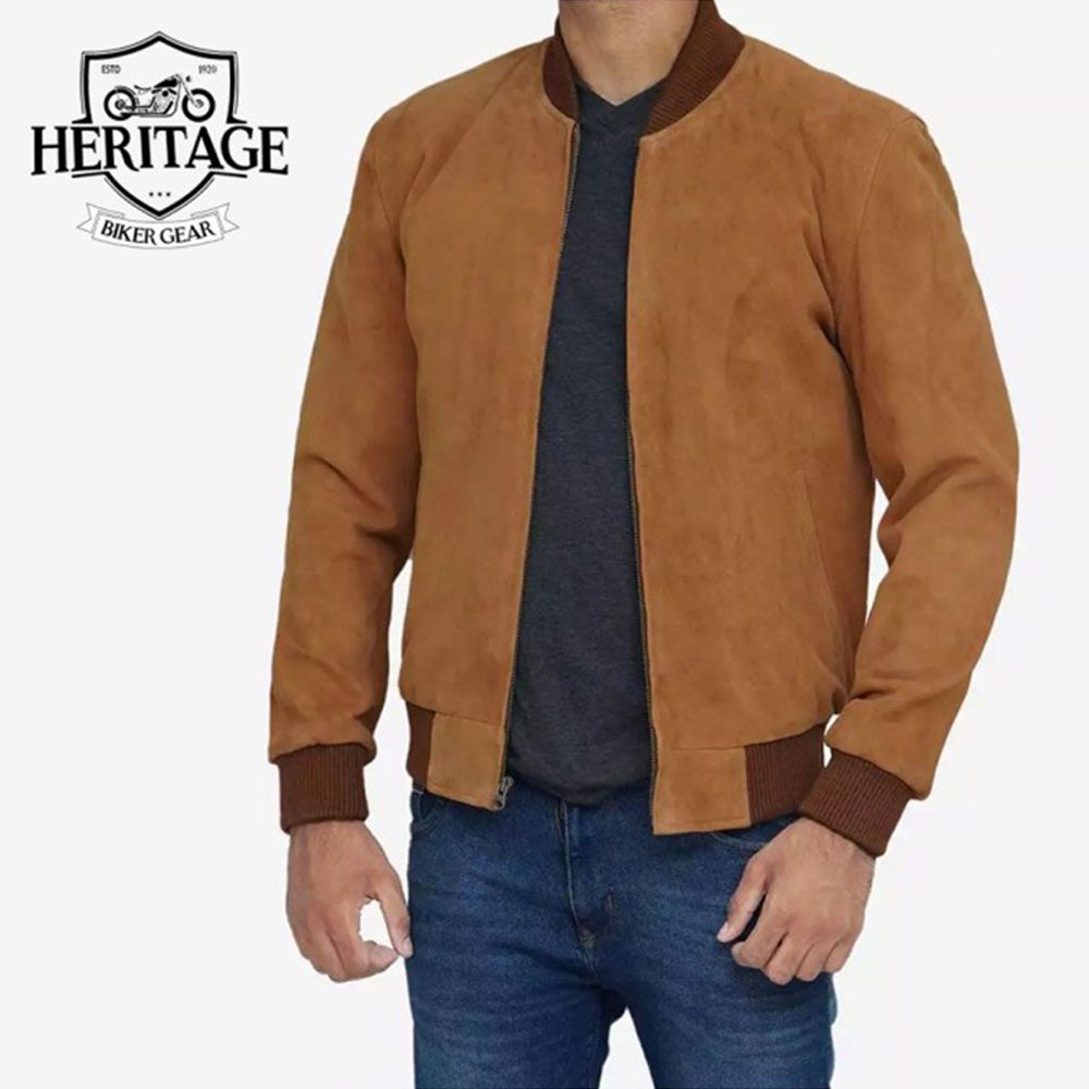 Men's Light Brown Suede Bomber Jacket