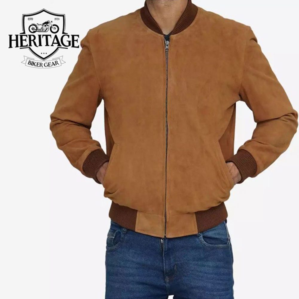 Men's Light Brown Suede Bomber Jacket