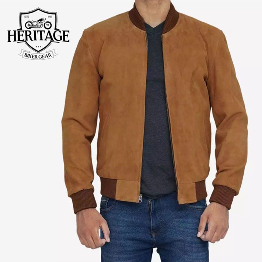 Men's Light Brown Suede Bomber Jacket