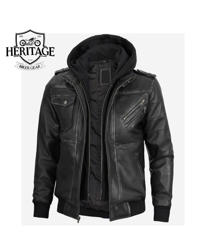 Edinburgh Men's Leather Bomber Jacket With Removable Hood