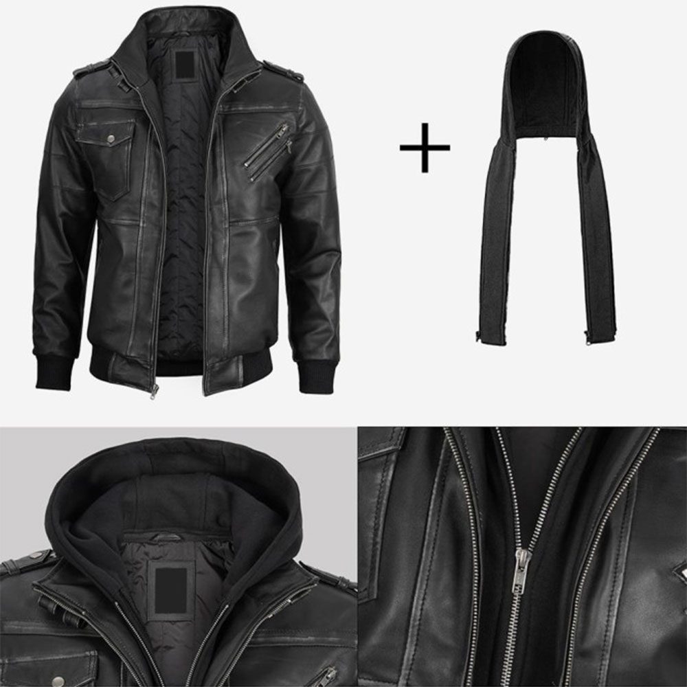 Edinburgh Men's Leather Bomber Jacket With Removable Hood