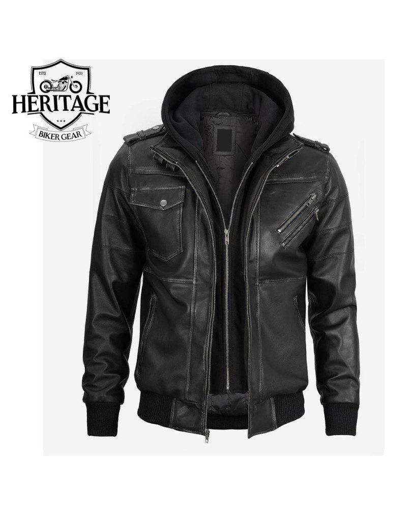 Edinburgh Men's Leather Bomber Jacket With Removable Hood