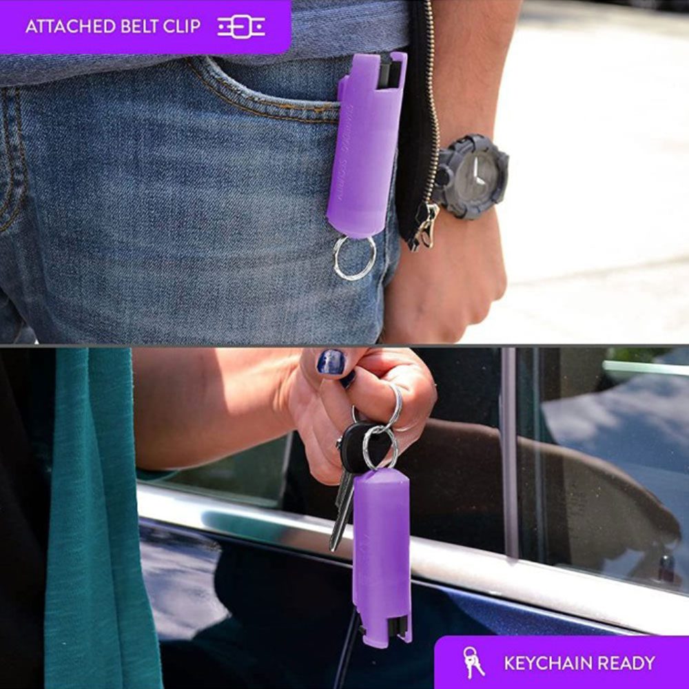 Purple Hard Case Personal Defense Pepper Spray Keychain With Belt Clip