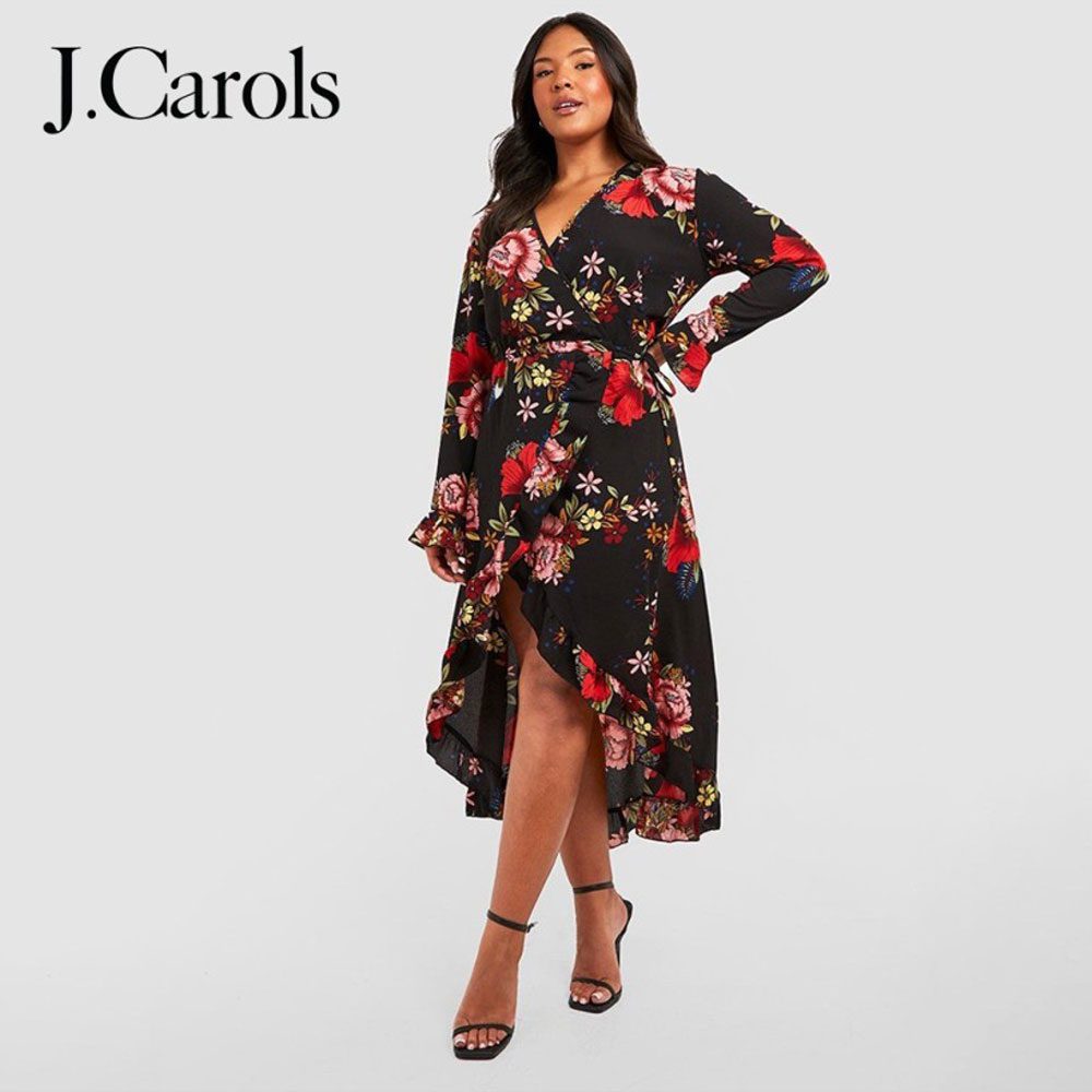 J.Carols® Plus Wrap Floral Midi Dress