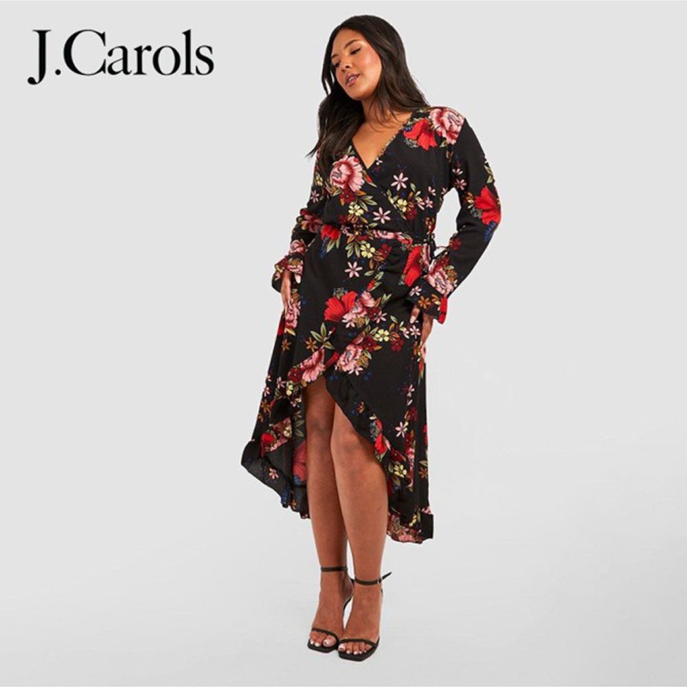 J.Carols® Plus Wrap Floral Midi Dress