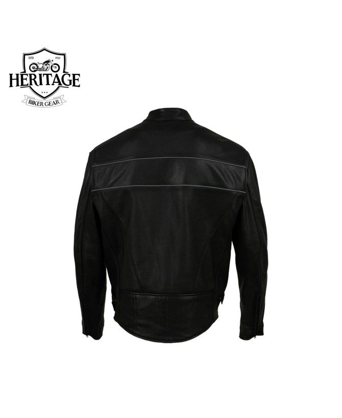 Men's Black 'Echo' Premium Leather Motorcycle Jacket with Reflective Piping