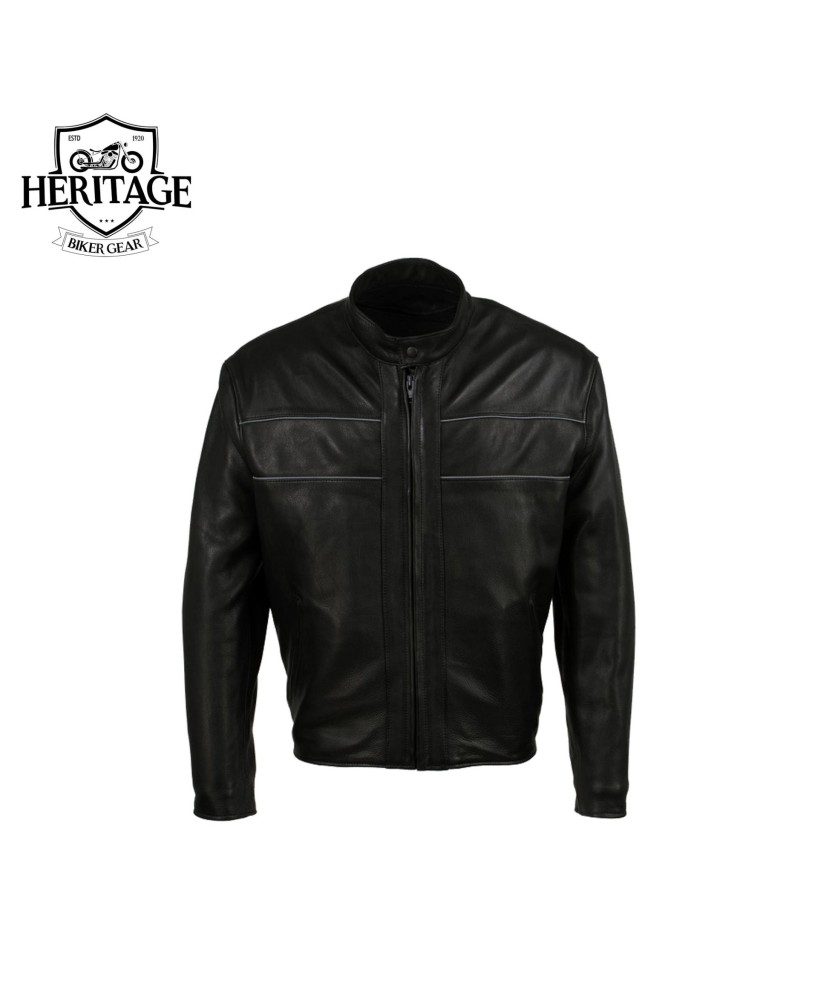 Men's Black 'Echo' Premium Leather Motorcycle Jacket with Reflective Piping