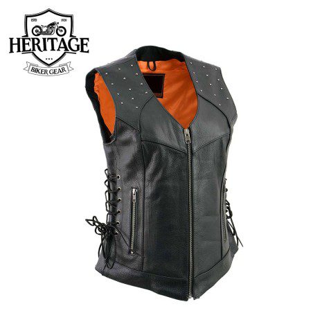 Women’s Black Leather V-Neck Riveted Motorcycle Vest