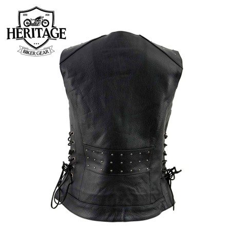 Women’s Black Leather V-Neck Riveted Motorcycle Vest