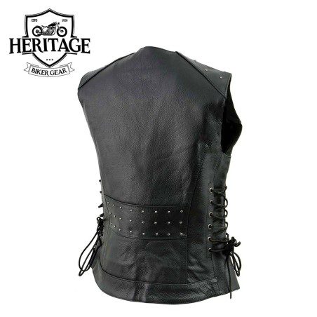 Women’s Black Leather V-Neck Riveted Motorcycle Vest