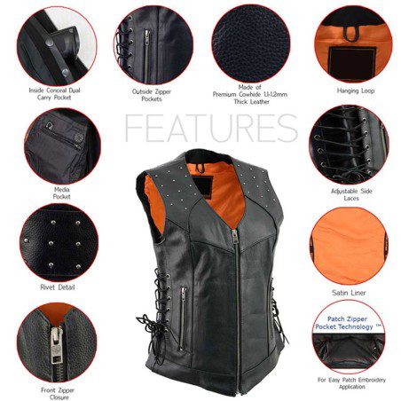 Women’s Black Leather V-Neck Riveted Motorcycle Vest