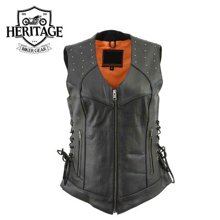 Women’s Black Leather V-Neck Riveted Motorcycle Vest