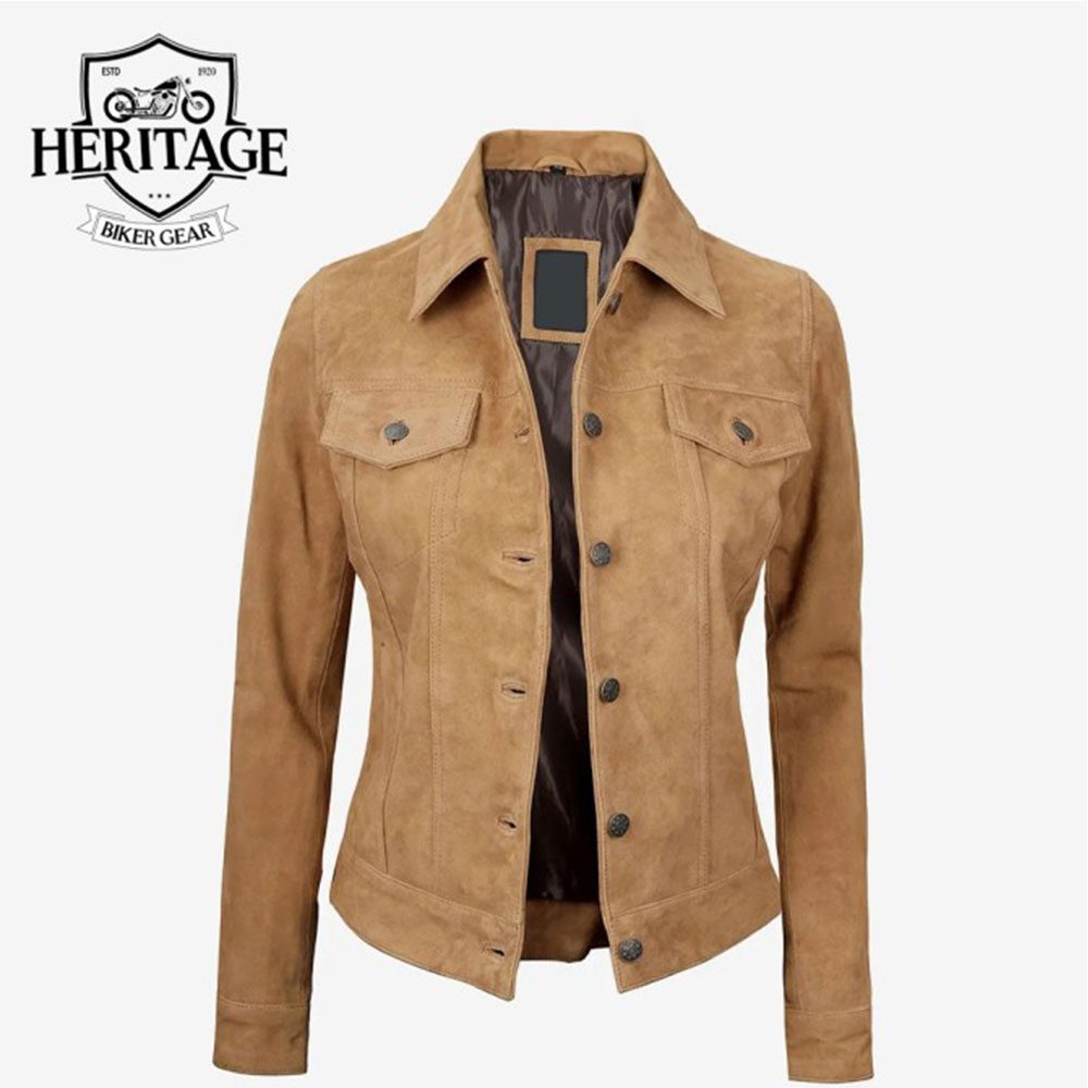 Womens Light Brown Suede Leather Trucker Jacket