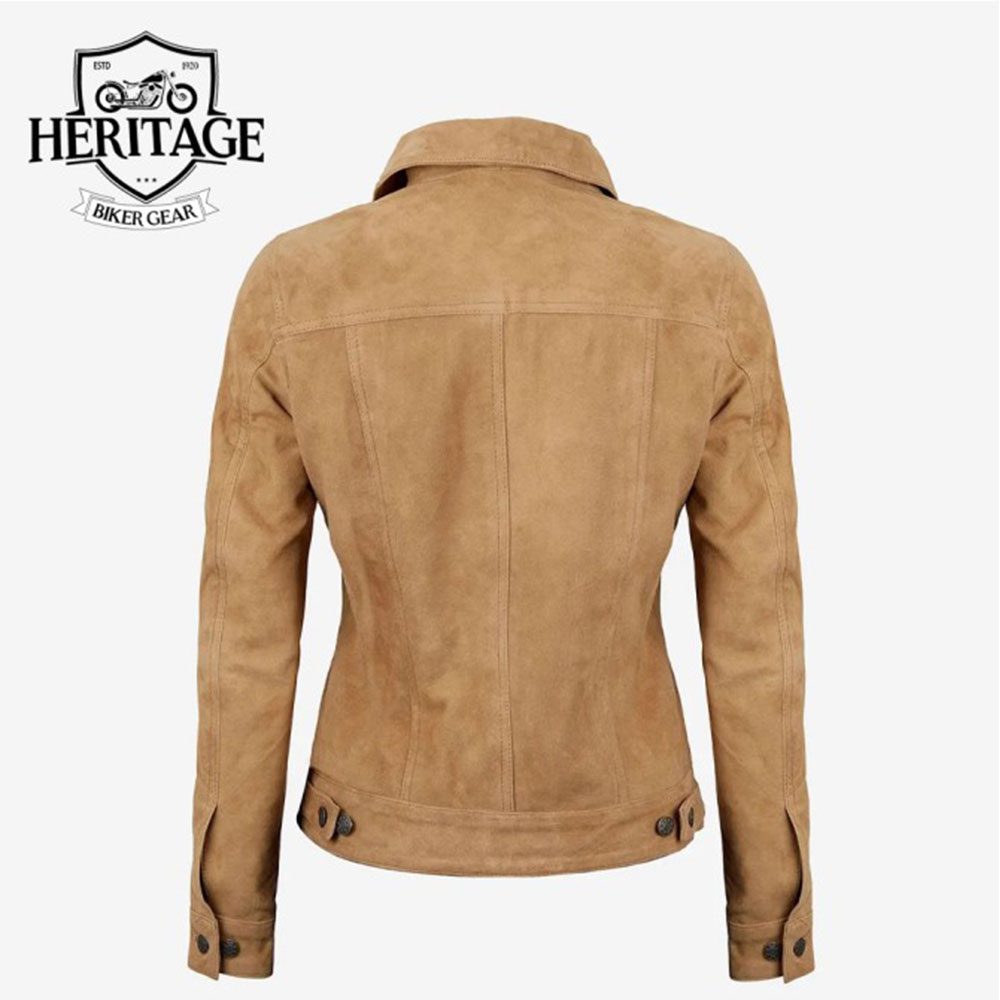 Womens Light Brown Suede Leather Trucker Jacket