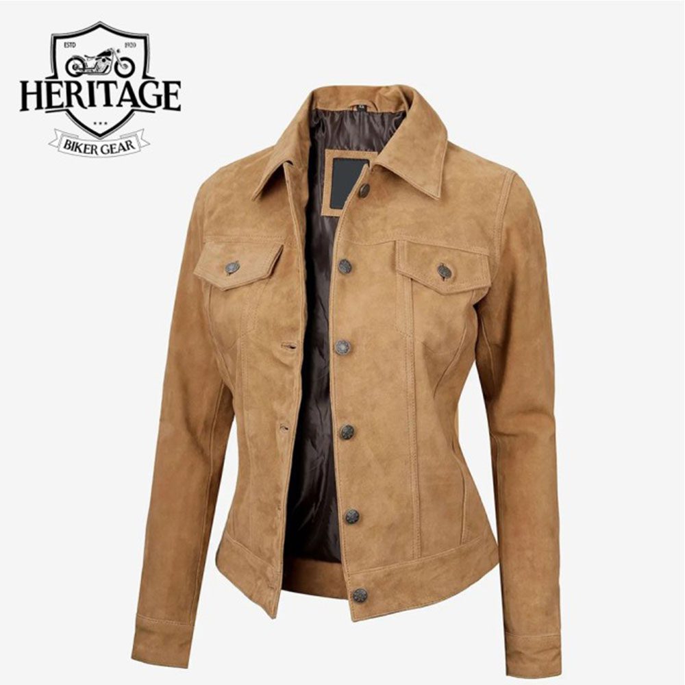 Womens Light Brown Suede Leather Trucker Jacket