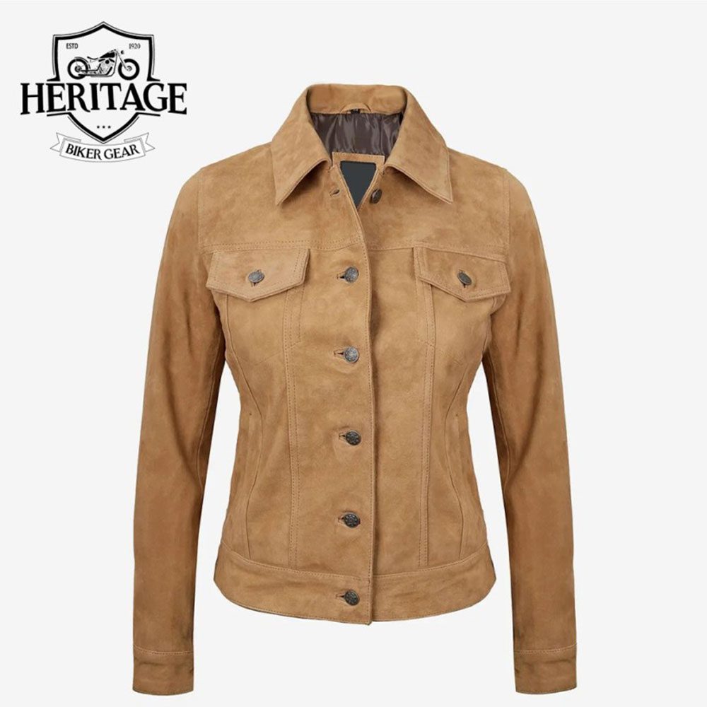 Womens Light Brown Suede Leather Trucker Jacket