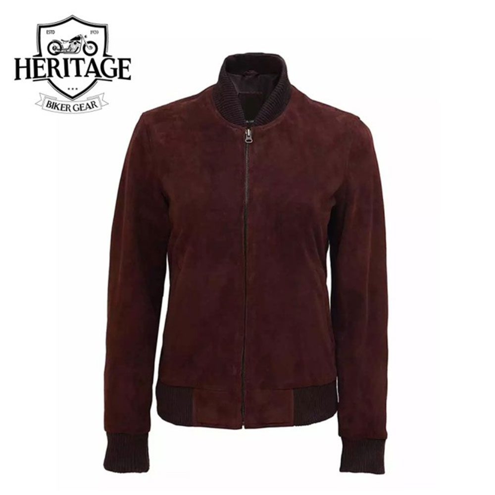 Womens Suede Leather Bomber Jacket